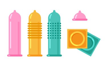 Vektör kondom ikonu. Doğum kontrol konsepti. Beyaz arkaplanda izole edilmiş farklı formlar, renkler ve kondom türleri.