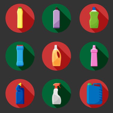 Deterjan şişeleri, kaplar, temizlik malzemeleri, çamaşır tozu ikonu. Vektör illüstrasyonu gri arkaplanda izole edildi. Paketleri biçimlendir veya şablonla.