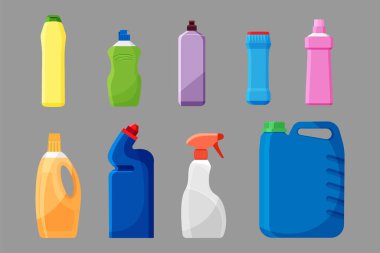 Renkli deterjan şişeleri, kaplar, temizlik malzemeleri, çamaşır tozu ikonu. Vektör illüstrasyonu gri arkaplanda izole edildi. Şablon simgesi.
