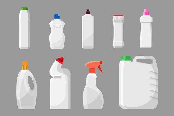 一套白色洗涤剂瓶子或容器 清洁用品 洗衣粉图标 在灰色背景上孤立的矢量图解 模板图标 — 图库矢量图片