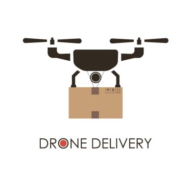 Aksiyon kameralı hava aracının düz tasarımı. Quadcopter üst görünüm simgesi. Robot teslimat konsepti. İzole vektör çizimi. Logo şablonu.