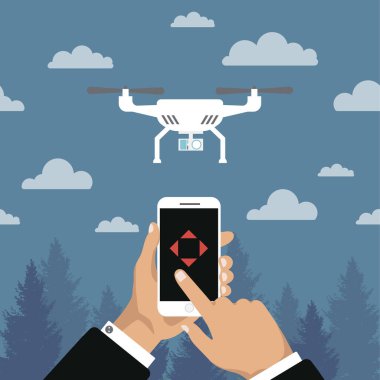 Orman zemininin üstünde bir kargo uçağı var. İHA 'ları telefonla kontrol etmek. Hızlı ve uygun ulaşım konsepti. Quadcopter şablonu. İzole vektör illüstrasyonu.