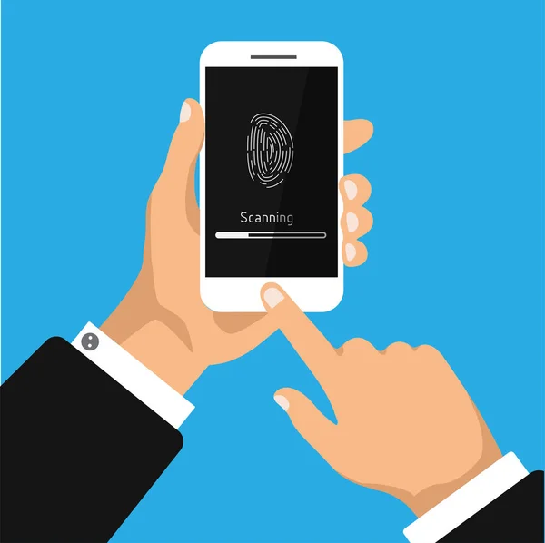 Hand Hält Smartphone Mit Scannendem Fingerabdruck Fingerabdruck Identifikation Handy Vektorillustration — Stockvektor