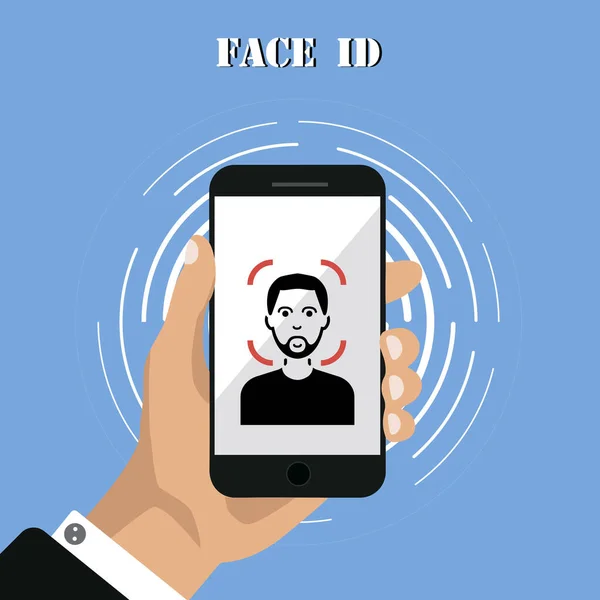 Hand Håller Telefonen Med Ansikte Teknik Displayen Ansiktsskanning Skärm Ansiktsigenkänningssystem — Stock vektor