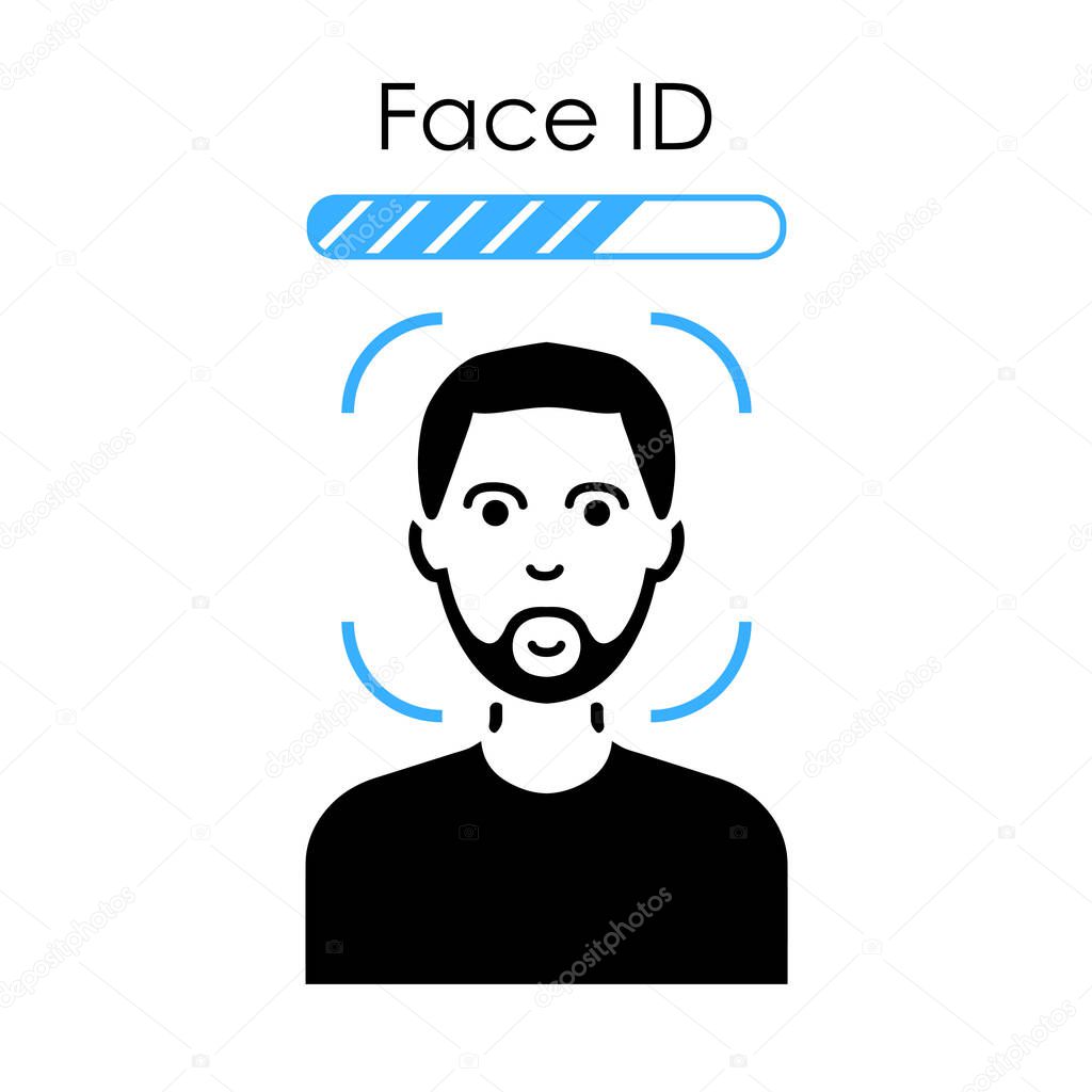 Face id technology. Face scanning process. Facial recognition system signs. Detection and access security symbols. Vector illustration.