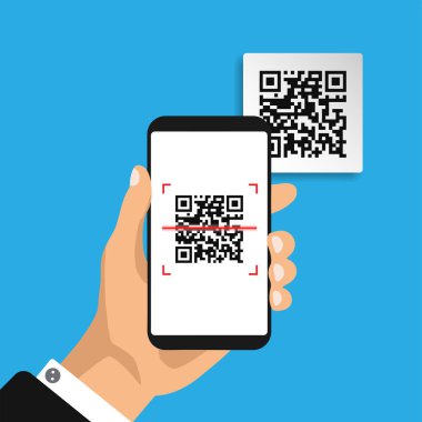 Ekranda QR kodu olan bir el telefonu tutuyor. Kodu telefonla tarıyorum. Etiket etiketi. Vektör illüstrasyonu.
