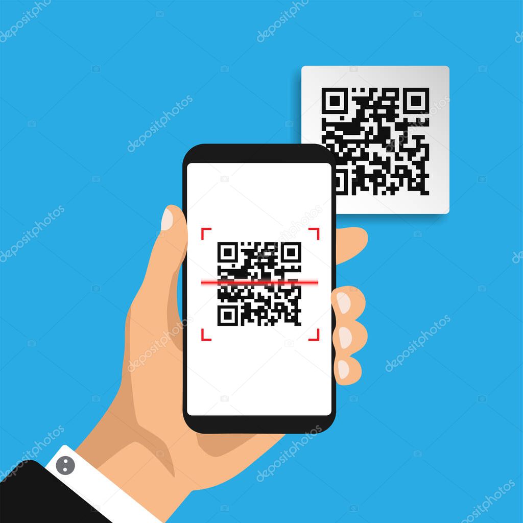 Hand holds phone with qr code on screen. Scanning code by phone. Qr label sticker. Vector illustration.