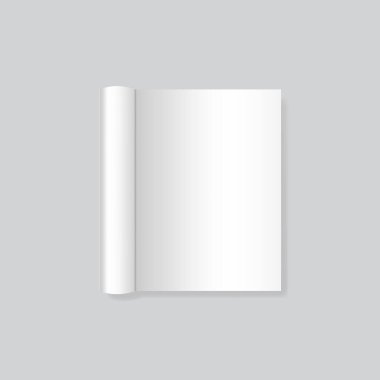 Gri arka planda izole edilmiş kıvrımlı karton kapaklı gerçekçi kitabın maketi. Dizaynınız için yatay kitapçık, broşür, kitap, dergi, menü veya dizüstü bilgisayar şablonu aç.