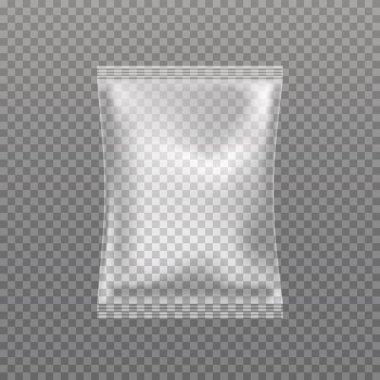 Şeffaf arka planda izole edilmiş gerçekçi şeffaf yastık çantası. Naylon paket şablonu tasarım, promosyon ve reklam için hazır. Polythene paketi maketi.