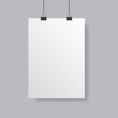 Vektör posteri, yumuşak gölgeli gri arkaplanda izole edilmiş bir şekilde duruyor. Tasarımınız için siyah çerçeveli gerçekçi boş beyaz poster şablonu.