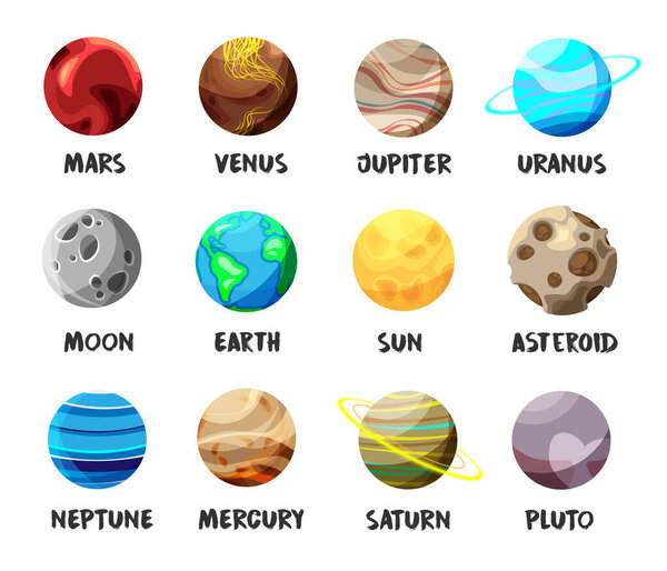 Set of bright colorful planets in Solar System. Moon, Sun and asteroid on white background. Flat cartoon collection of heavenly bodies. Vector illustration.