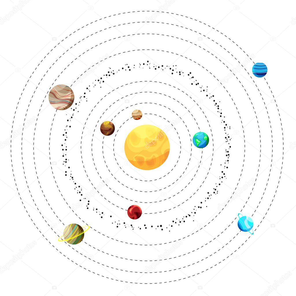 Set of bright colorful planets in Solar System on white background. Planets in their orbits. Vector illustration