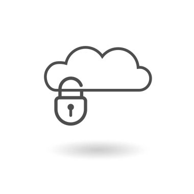 Beyaz arka planda izole edilmiş bulut koruma ikonu tasarımı. Bulut hesaplama ve verileri koruma kavramı. Bulutların ve asma kilidin vektör çizimi.