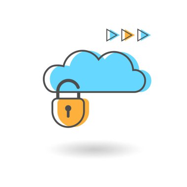 Bulut koruma ikonunun düz tasarımı beyaz arkaplanda izole edildi. Bulut hesaplama ve verileri koruma kavramı. Bulutların ve asma kilidin vektör çizimi.