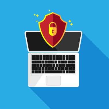 Dosya koruması. Bilgisayar ekranında veri güvenliği ve gizlilik kavramı. Güvenli gizli bilgi. Kırmızı kalkanlı dizüstü bilgisayar. Vektör illüstrasyonu.