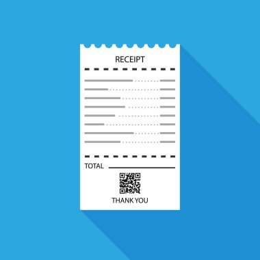 QR kodlu boş makbuzun düz tasarımı. Bill ATM şablonu ya da restoran gazetesi çeki. Vektör çizimi. İzole edilmiş