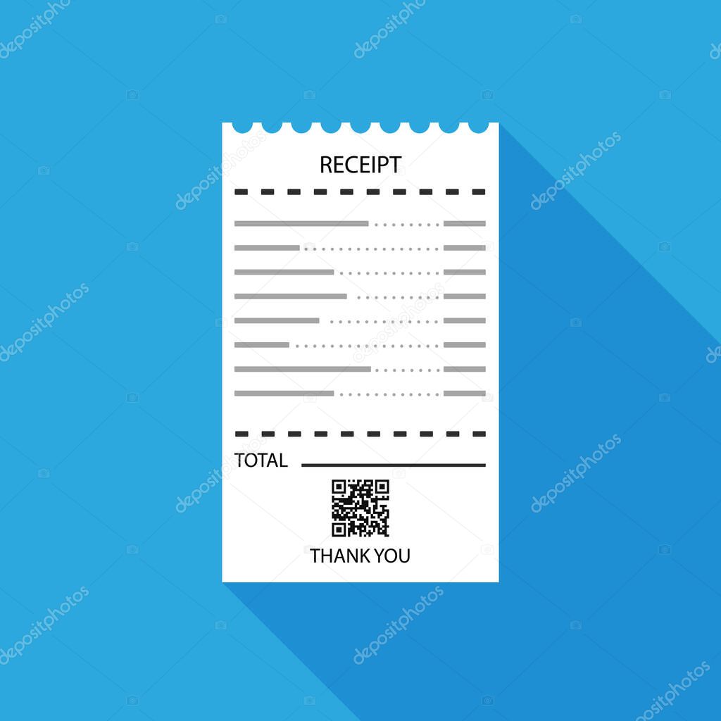 Flat design of blank receipt with qr code. Bill atm template or restaurant paper financial check. Vector illustration. Isolated