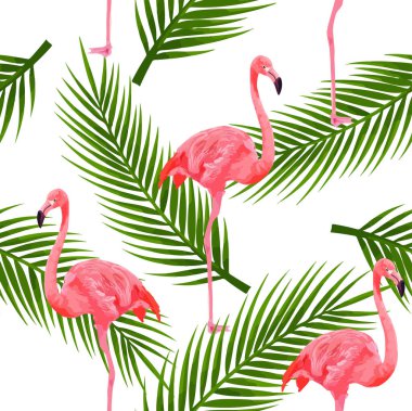 Pembe flamingoları ve beyaz arka planda palmiye yaprakları olan tropik, modern, pürüzsüz bir desen. Egzotik Hawaii sanat geçmişi. Web sayfası arkaplanı, kumaş, duvar kağıdı, tekstil ve dekor için tasarım.