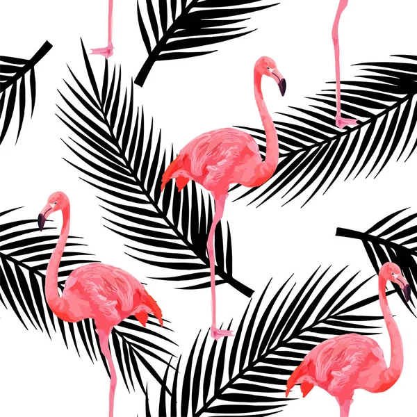 Tropical Modern Seamless Pattern Pink Flamingos Palm Leaves White Background — Stock Vector