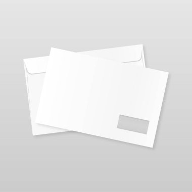 Ön ve arka zarf maket gibi. Gerçekçi boş harf şablonu. Kağıt C4 beyaz zarflar. Gri arkaplanda vektör illüstrasyonu izole edildi.