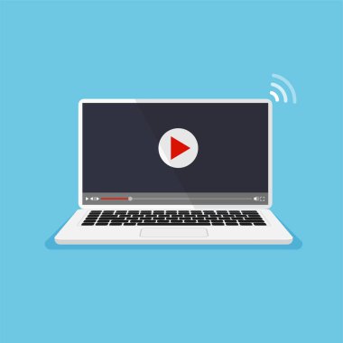 Monitördeki video oynatıcı. Oynama simgesi olan dizüstü bilgisayar ekranı. Film konsepti. Vektör illüstrasyonu.