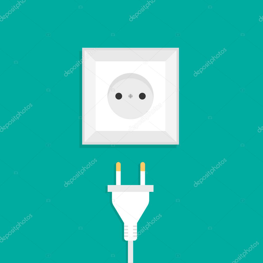 White international AC power plug and socket. Electrical outlet. Vector illustration in a trendy flat style. Front view.
