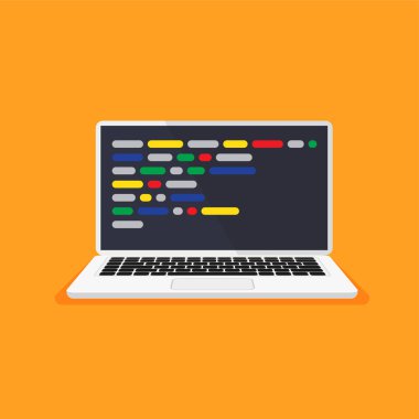 Ekranda kod olan bir dizüstü bilgisayar. Web geliştiricisi, tasarım, programlama. Kodlama konsepti. Düz moda vektör illüstrasyonuName.