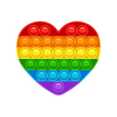 Kalp şeklinde patlat. Çocuklar ve yetişkinler için son moda stres önleyici oyun. Gökkuşağı renginde baloncukları olan el oyuncağı. Vektör illüstrasyonu beyaz arkaplanda izole edildi