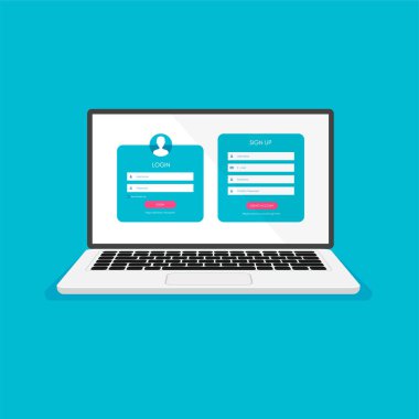 Kayıt formu ve giriş formu sayfası laptop monitöründe. Tasarımınız için vektör şablonu. Web sitesi ui kavramı