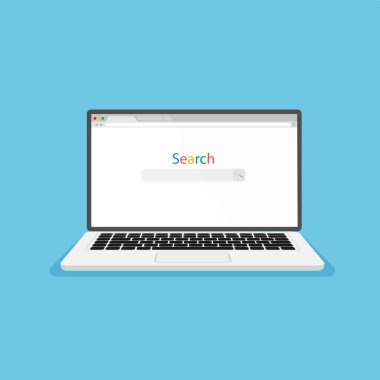 Bilgisayarı ve internet tarayıcısını ekranda aç. Web penceresi boş şablonu düz biçimde. Bilgisayarın ön görüntüsü. Vektör illüstrasyonu.