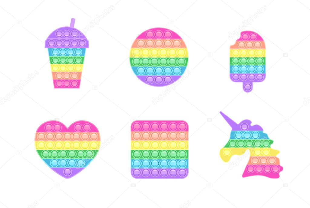 Set of fidget pop-it. Trendy anti-stress game for kids and adults. Hand toy with push bubbles in rainbow colors. Vector illustration isolated on white background.