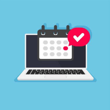Üzerinde takvim ve işaretlenmiş tarih olan dizüstü bilgisayar. Bitiş tarihi ya da olay anımsatıcı bildirimi. Olay ya da seçilen önemli gün. Vektör illüstrasyonu.