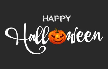 Cadılar Bayramı bayrağınız kutlu olsun. El çizimi kaligrafi ve balkabağı, siyah arkaplanda izole edilmiş ekşi ekşi..