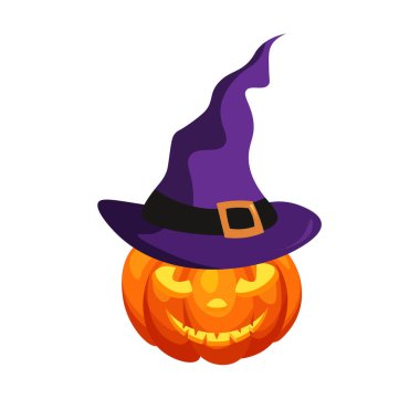 Beyaz arka planda izole edilmiş somurtkan ve cadı şapkalı Cadılar Bayramı balkabağı. Mutlu Cadılar Bayramı konsepti ya da şablonu. Sonbahar tatili. Vektör İllüstrasyonu