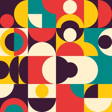 Basit şekilleri ve güzel renk paleti olan yüzyılın ortası geometrik soyut deseni. Basit geometrik desen kompozisyonu, web tasarımında en iyi kullanım alanı, kartvizit, davetiye, poster, tekstil baskısı.