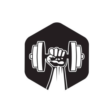 Bir dambıl logosu tutan el altıgen vektör sembolü çizimi