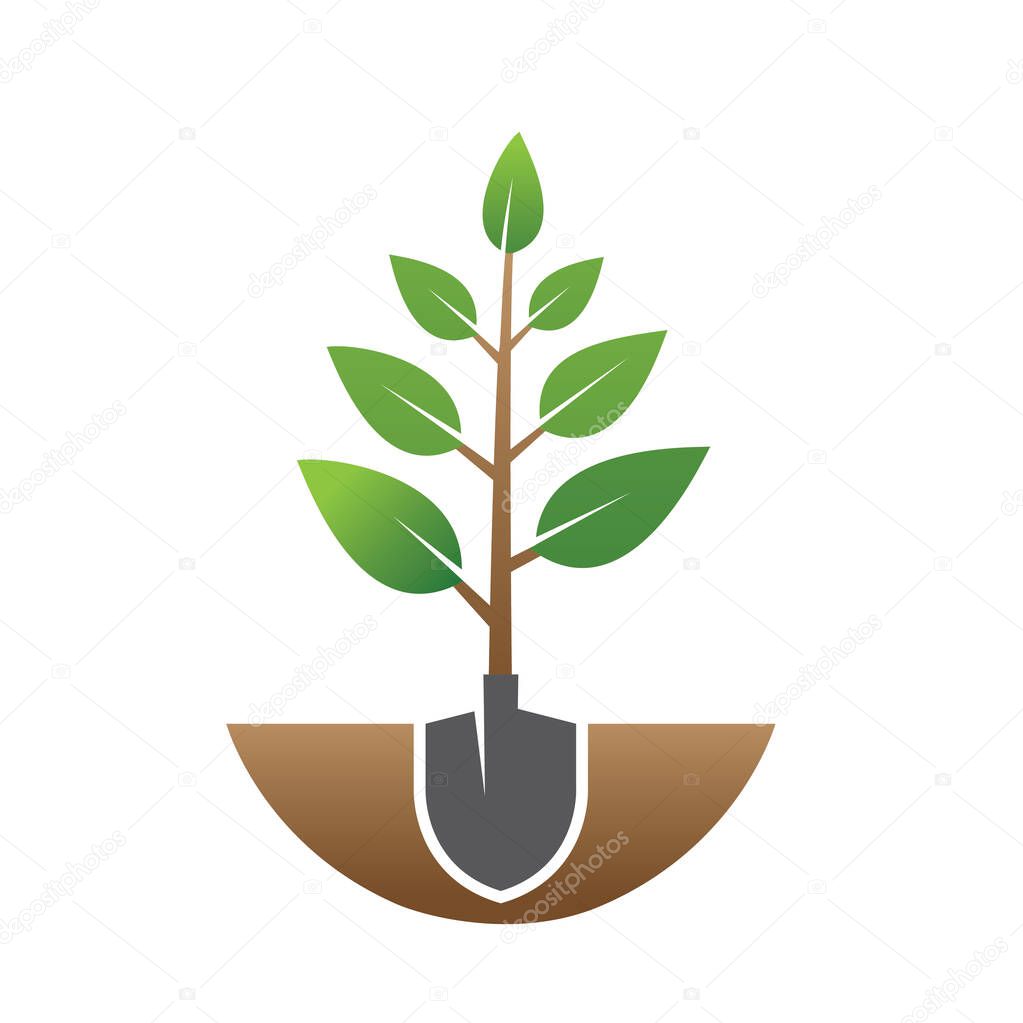 Creative Shovel Tree Logo Growing stem with leaves and shovel symbol vector design symbol icon illustration