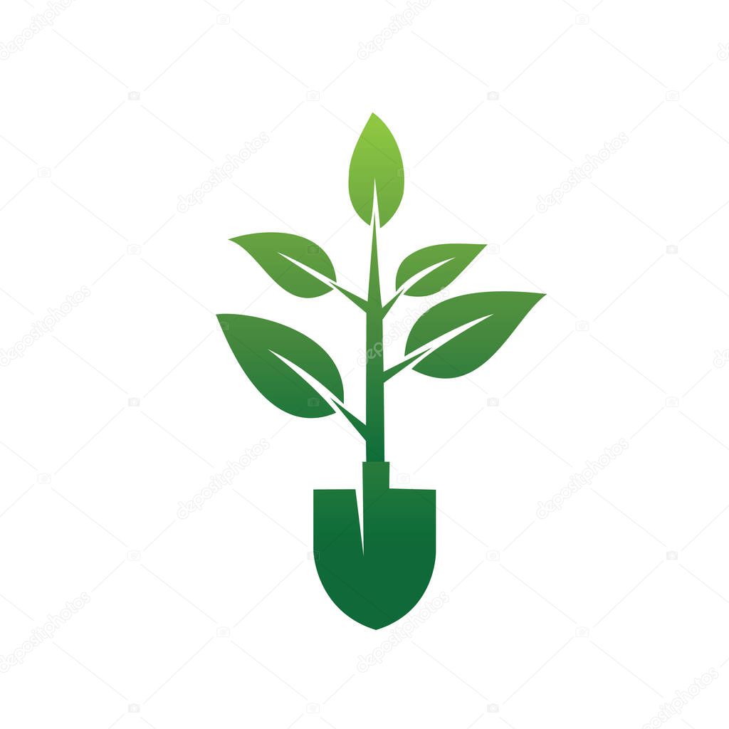 Creative Shovel Tree Logo Growing stem with leaves and shovel symbol vector design symbol icon illustration