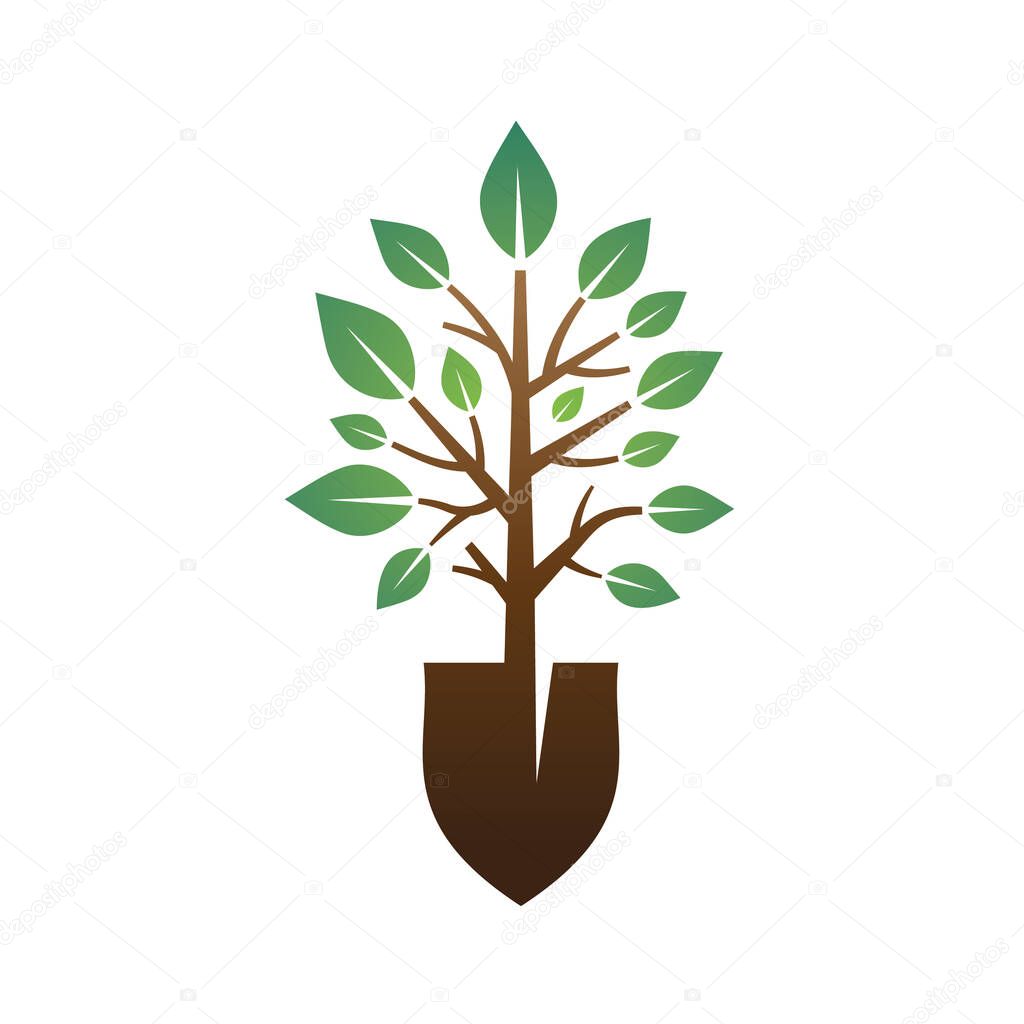 Creative Shovel Tree Logo Growing stem with leaves and shovel symbol vector design symbol icon illustration