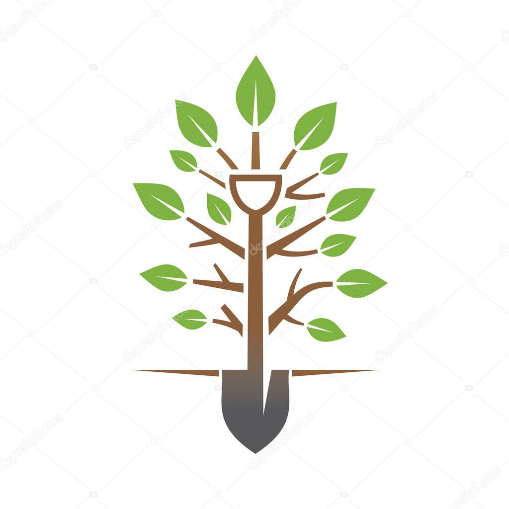 Creative Shovel Tree Logo Growing stem with leaves and shovel symbol vector design symbol icon illustration