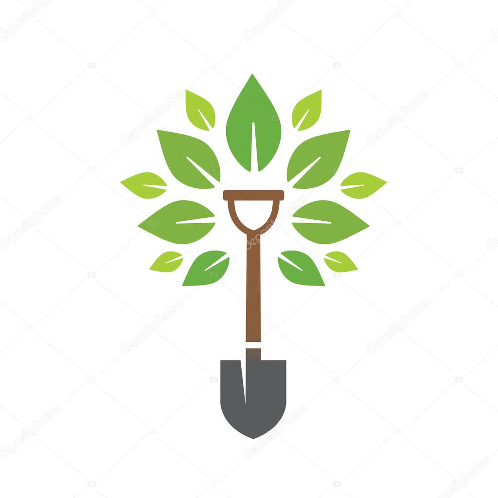 Creative Shovel Tree Logo Growing stem with leaves and shovel symbol vector design symbol icon illustration