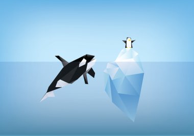 katil balina buzdağı illüstrasyon üzerinde oturan pinguin bakarak l