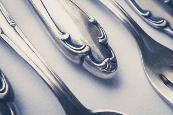 Beautiful old silver cutlery closeup , vintage style — Stock Photo, Image