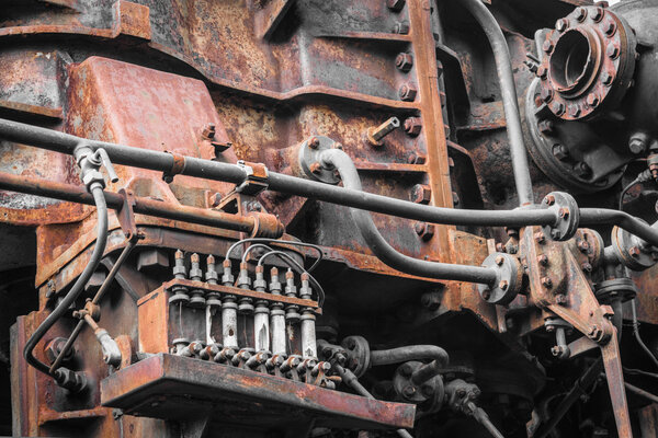Old machine. rusty metal machinery detail. aged technology