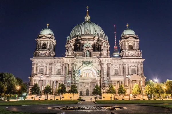 Berlin Cathedral Berliner Dom Tower Fernsehturm Night — Stock Photo, Image