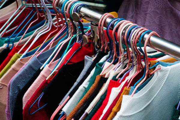 Shirts Sweaters Closeup Second Hand Clothing — Stock Photo, Image