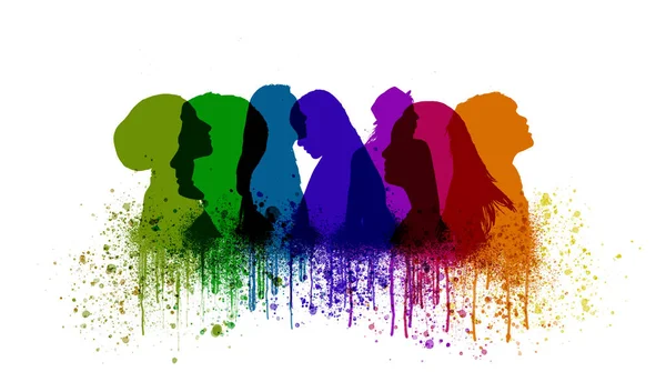 Row People Illustration Head Silhouettes Many Colors Paint Splashes — Stock Photo, Image