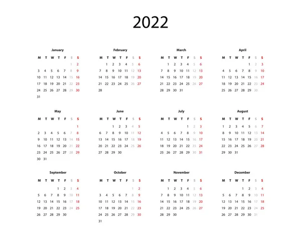 Calendario 2022 Semplice Modello Vettoriale — Vettoriale Stock