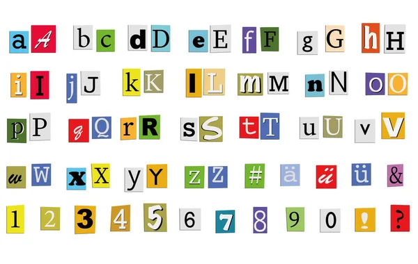 Lettres Chiffres Fixés Découpage Journal Alphabet Coloré — Image vectorielle