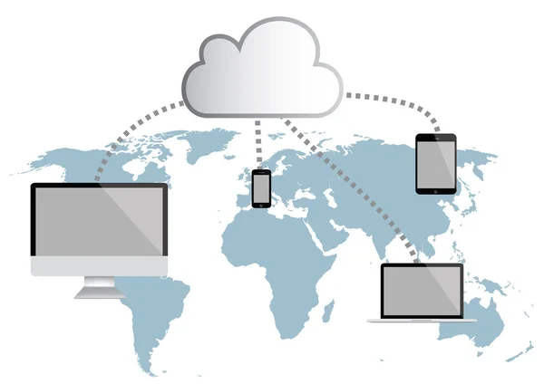 Cloud computing infographic vektoros illusztráció. világtérképet, emb — Stock Vector